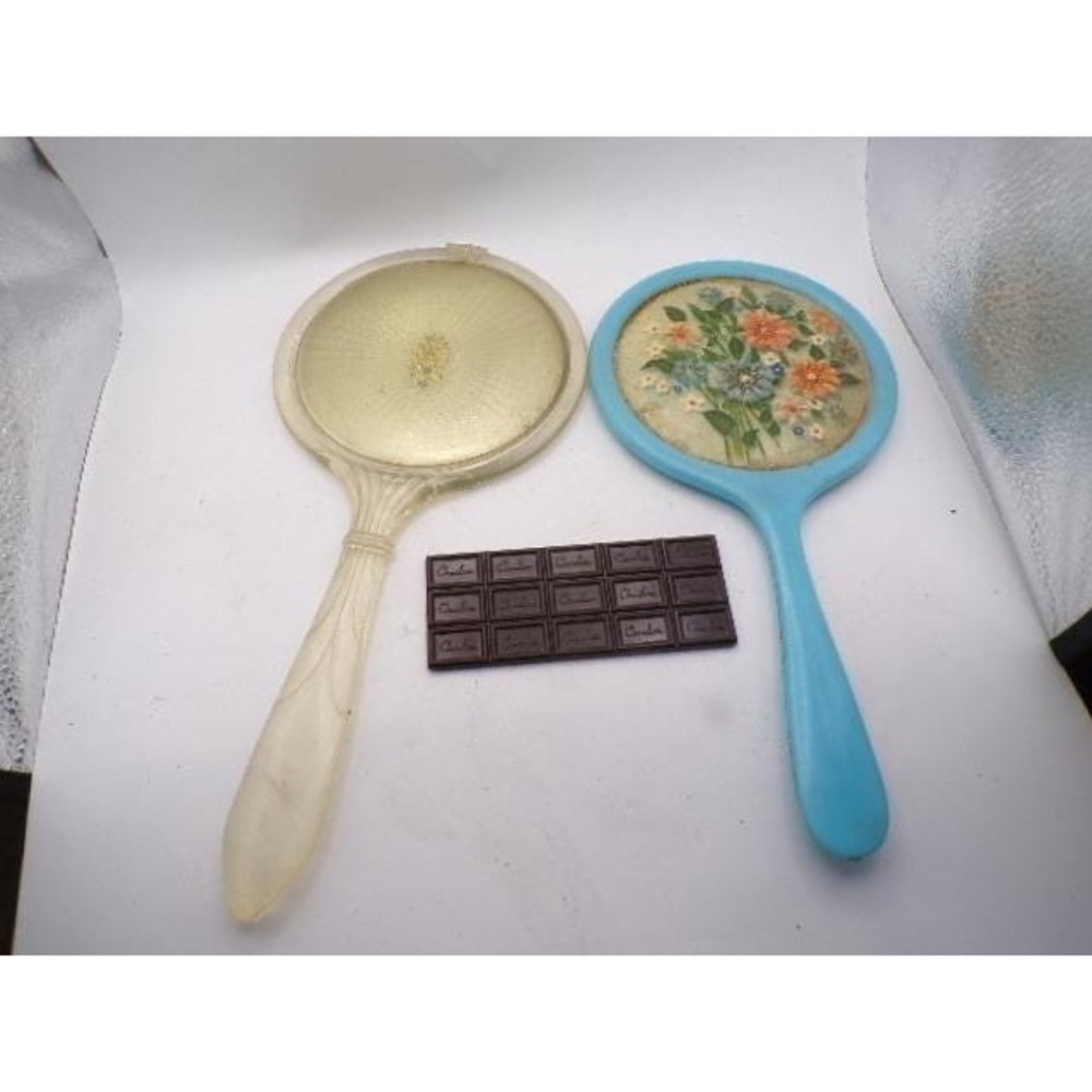 Vintage Hand Mirror Lot 3pc Blue Floral Clear Lucite MCM Novelty‎ Chocolate Bar